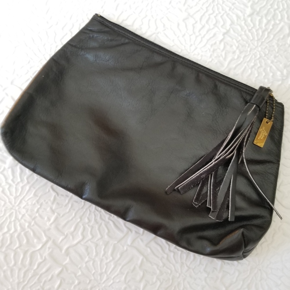 Letisse black Leather Clutch top Zip with Tassel